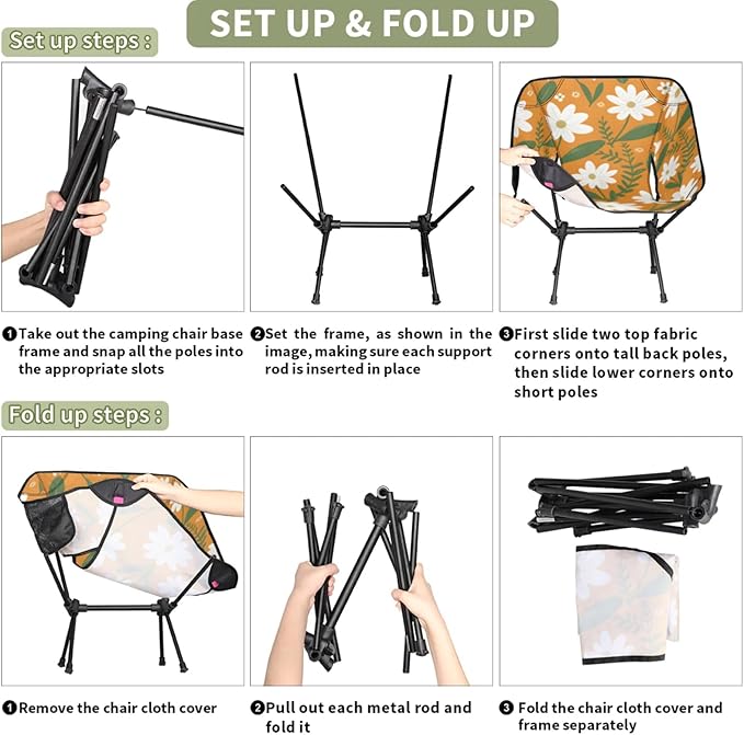 Honeybaby Folding Camping Chair Cute Daisy Flowers Camping Chairs Lightweight Portable Chair Outdoor Foldable Chairs for Camping Travel Picnic Beach Hiking