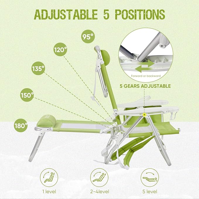 Old Bahama Bay Backpack Beach Chair 2 Pack Aluminum Lightweight Reclining 5-Position Lounge Chair for Adults Heavy Duty Support 400 LBS Portable Folding with Cooler Bag Camping Chair for Sand Outdoor