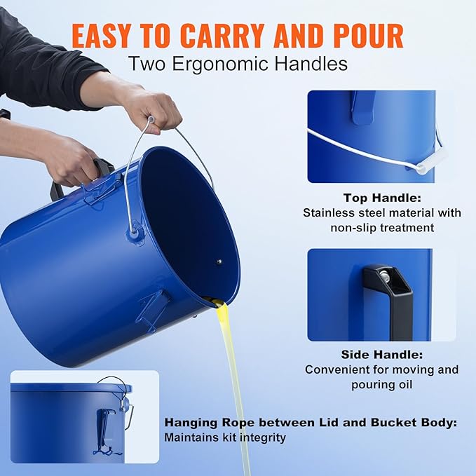 VEVOR Fryer Grease Bucket - 6 Gal Carbon Steel Oil Disposal Caddy with Rust-Proof Coating Transport Container with Lid Lock Clips Filter Bag for Hot Cooking Oil Filtering