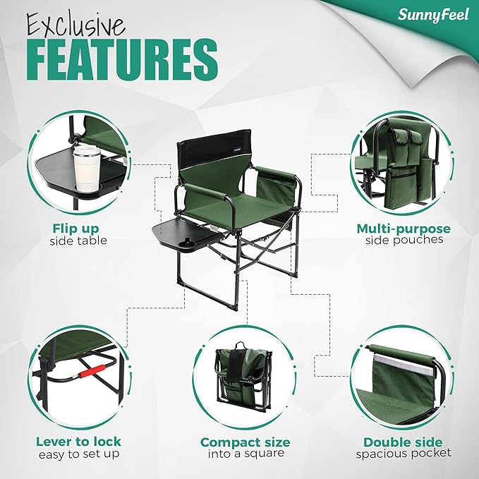 SUNNYFEEL Camping Directors Chair Heavy DutyOversized Portable Folding Chair with Side Table Pocket for Beach FishingTripPicnicLawnConcert Outdoor Foldable Camp Chairs