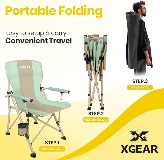 XGEAR Camping Chair with Padded Hard Armrest Sturdy Folding Camp Chair with Cup Holder Storage Pockets Carry Bag Included Support to 400 lbs