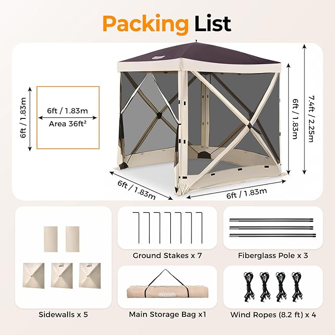 Tecoom 6x6ft Pop Up Gazebo Tent 4-Sided Canopy Shelter Tent with Mesh Windows for Camping Portable Large Shade Tents with Siedwalls Carrying Bag and Stakes for Outdoor Garden Lawn and Backyard