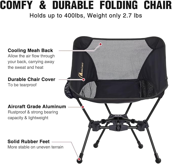 MOON LENCE Portable Camping Chair Backpacking Chair - The 4th Generation Ultralight Folding Chair - Compact Lightweight Foldable Chairs for Hiking Mountaineering Beach (Black-1Pack (Glod-Logo))