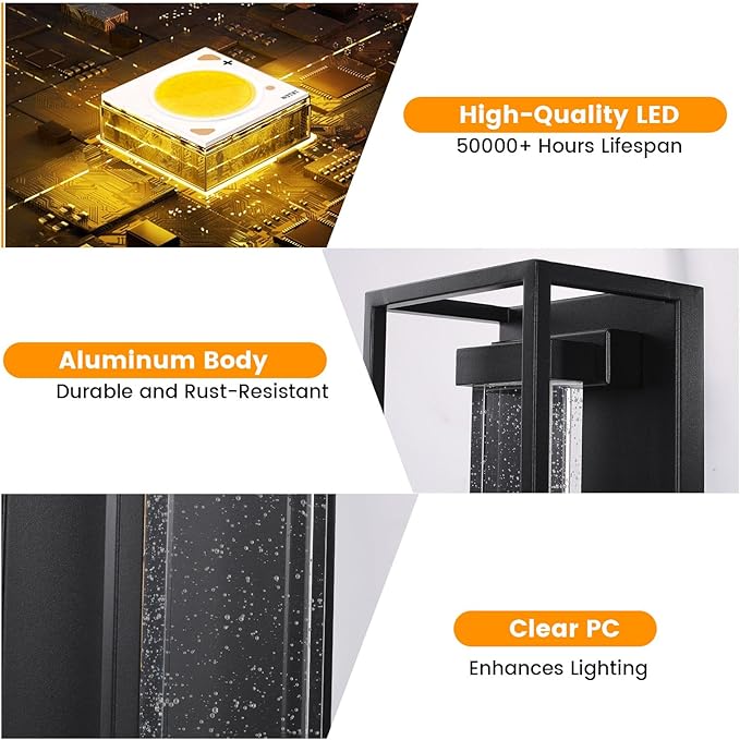 16 Inch Modern Outdoor Wall Sconce Matte Black Waterproof Exterior Wall Light with Metal Frame and Crystal Bubble Glass LED 3000K Warm White Lantern for Porch Garage Patio Lighting (2 Pack)