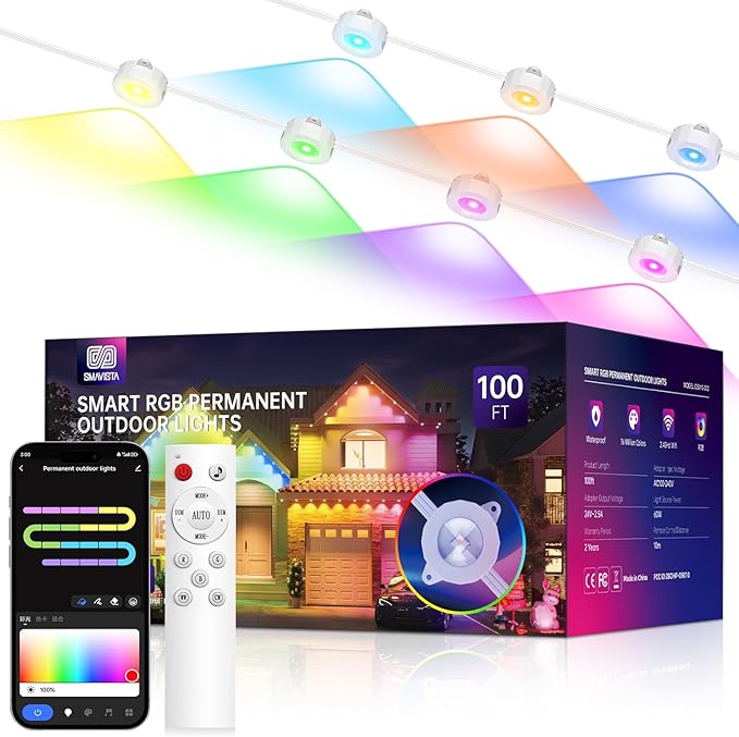 Smart Permanent Outdoor Lights 100ft with 72 LED RGB String Lights IP67 Waterproof Eaves Light with 44 Scene Modes for Halloween Christmas Birthday Holiday Party APP/Voice/Remote Control