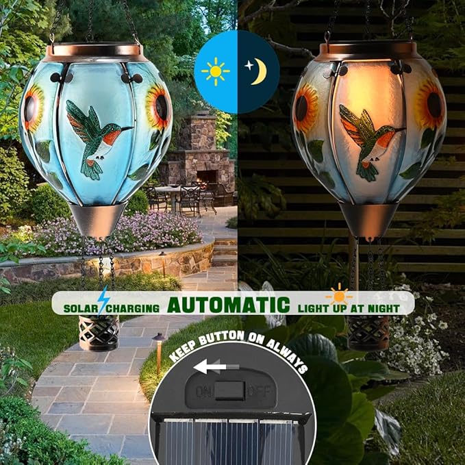 Hot Air Balloon Solar Lantern - Large Hummingbird Glass Lantern Simulated Flickering &amp Dancing Flame Outdoor Hanging Sunflower Yard Light Waterproof IP65 for Patio Lawn Porch Decor Gift