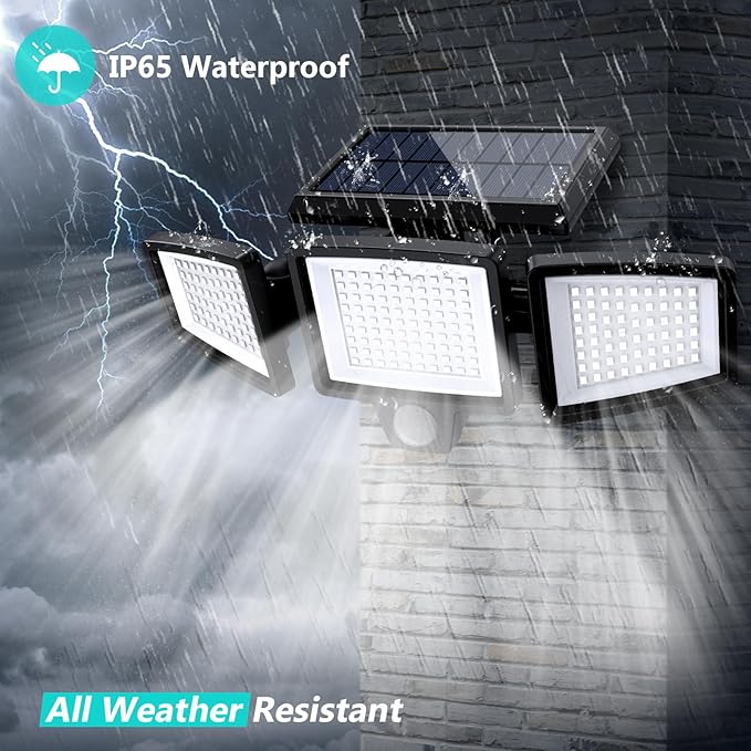 Tuffenough Solar Outdoor Lights 2500LM 210 LED Security Lights with Remote Control3 Heads Motion Sensor Lights IP65 Waterproof270° Wide Angle Flood Wall Lights with 3 Modes(1 Packs)