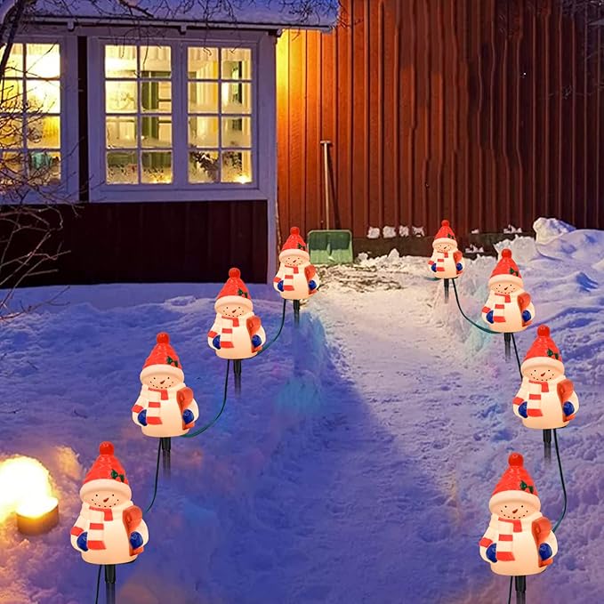 Christmas Snowman Pathway Stakes Lights 7Ft C7 Outdoor Landscape String Light with 4 Snowman Driveway Markers(E12 Base 5w) for Patio Yard Garden Lawn Decoration 1 Pack White