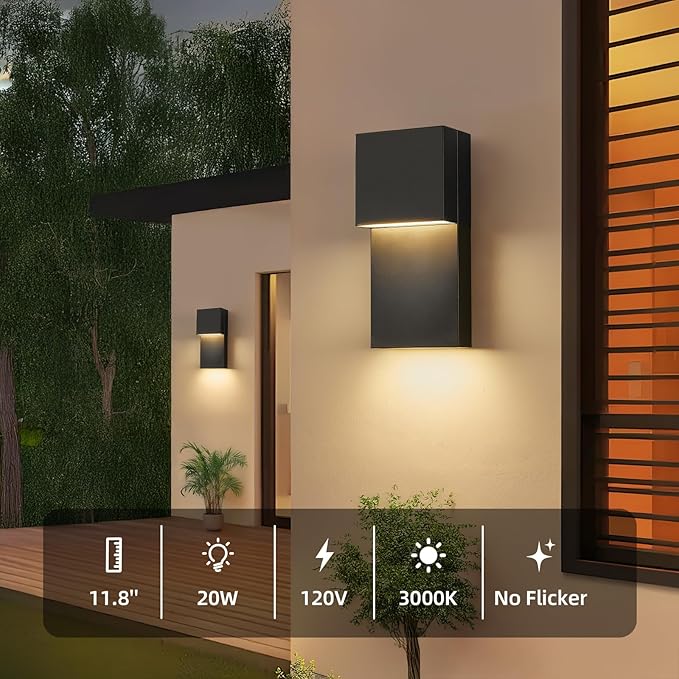 tewei Modern LED Outdoor Wall Sconce 20W Exterior Lighting Fixtures Black Outside Lights for House Integrated LED Outdoor Wall Mount Lights for Front Porch Garage Warm White 3000K 2 Pack