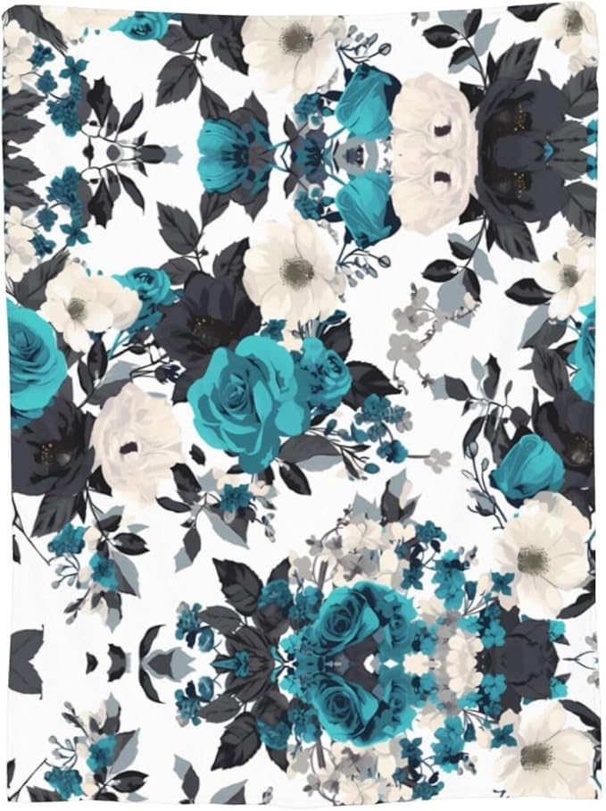 Blankets 60x50 - Lightweight Durable and Compact Anti-Wrinkle Blanket for Bed Sofa Camping Cinema and Travel Black White Teal Gray Rose Flowers Printed