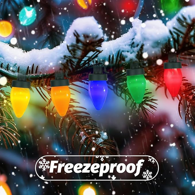 100 LED C7 Multicolor Christmas Lights Battery Operated with 8 Mode Remote Control 2 Sets 27.5FT Colorful Christmas Tree Lights with 2 * 50pcs Twinkle C7 Light Bulbs for Home Porch Yard Decorations