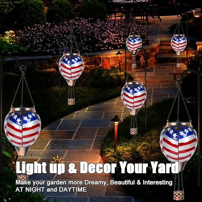 Hot Air Balloon Solar Lantern - U.S Flag Patriotic Glass Lantern Simulated Flickering Dancing Flame Outdoor Hanging Yard Light Waterproof IP65 Ideal 4th of July Gift for Patriot Patio Decor