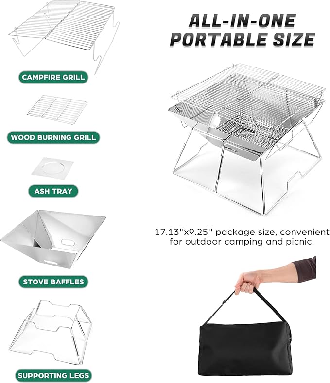 Odoland Folding Campfire Grill 304 Stainless Steel Grate Barbeque Grill Portable Camping Grill with Legs for Picnics Backpacking Outdoor with Carrying Bag and Kitchen Tongs