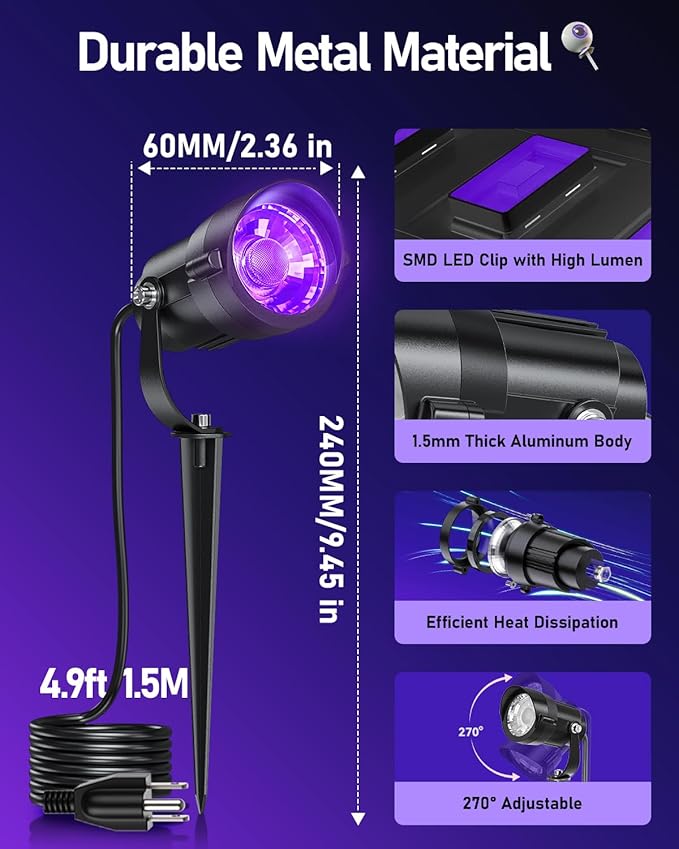 HIBOITEC Halloween Black Light Spotlight Outdoor 12W IP65 Waterproof LED Spot Lights Landscape Lighting with US Plug for Glow Party Body Paint Yard Garden Decorations 4Packs