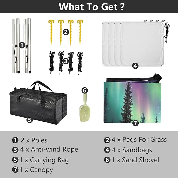 Coloured Aurora Lights Beach Tent Sun Shelter 9.2' x 10.5' Beach Canopy with 4 Sandbags 4 Stability Poles Sand Shovels - Tent Canopy for Beach Camping Fishing Picnics