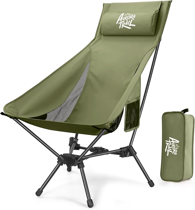 AuroraTrail High Back Folding Camping Chair with Pillow – Lightweight Portable Outdoor Chair with Cup Holder &amp Carry Bag Sturdy Aluminum Frame Supports up to 374 lb for Camping Hiking &amp Fest