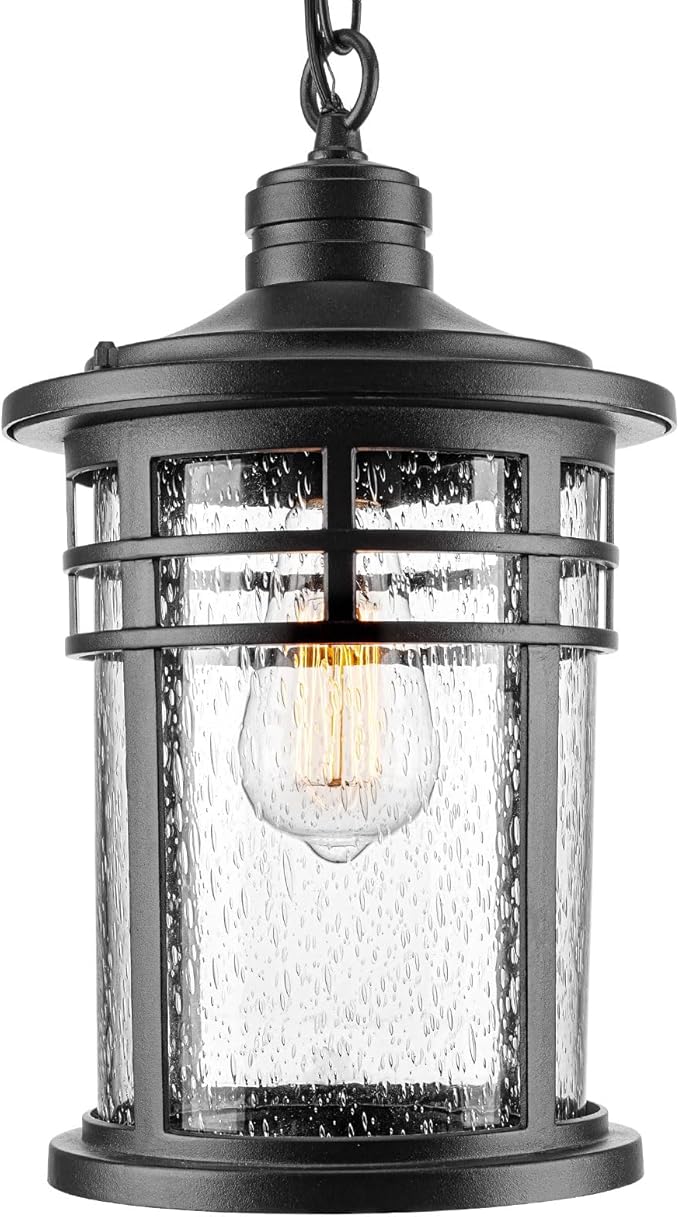 Darkaway Large Outdoor Pendant Lights 15inch Outdoor Chandelier Hanging Porch Lights Outside Ceiling Mount Aluminum with Seeded Glass for Front Door Gazebo Patio (Large Black)