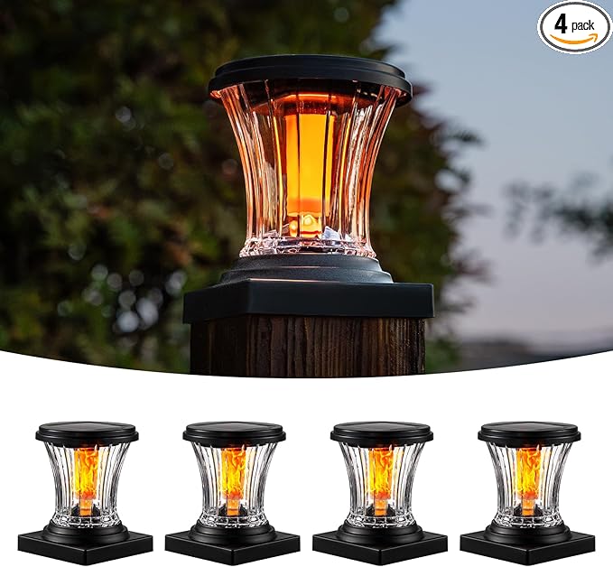 Glass Solar Flame Post Cap Lights Outdoor Waterproof Flickering Flame Solar Powered Fence Post Lights with Modular Design Auto On/Off for Deck Patio Garden 4x4 Vinyl/Wood Posts (4 Pack)