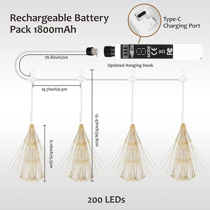 WIND STAR Firework Lights Rechargeable 800 LED Hanging Starburst String Lights with Remote 8 Modes for Patio Party Birthday Christmas Indoor Bedroom Decoration