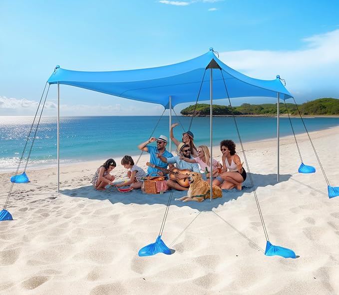Rhino Valley Beach Tent Shade Canopy UPF50+ Protection 8 Sandbags 4 Stability Poles Outdoor Sun Shelter Umbrella for Sand Camping Fishing Essentials