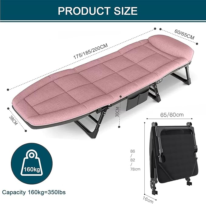 Lounge Outdoor Folding Deck Chair with 5 Level Adjustable Recliner Bed Padded Cushion Portable Camp Bed for Beach and Garden 185 * 65cm (175 * 60cm)