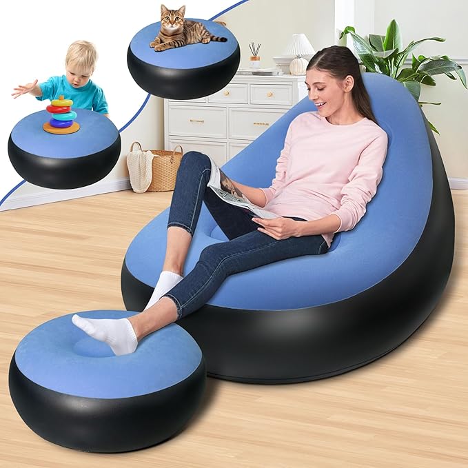 Inflatable Chair with Ottoman Inflatable Couch for Adults with Flocked Surface Comfortable Blow Up Air Chair Waterproof Portable Air Sofa Inflatable Couch for Camping(Blue) (Without Pump)
