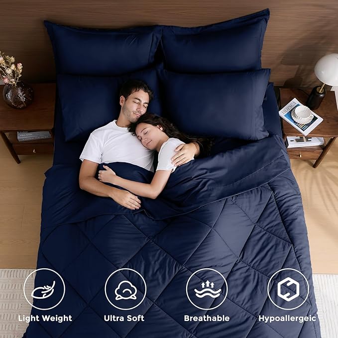 HEVUMYI Navy Blue Cali-King Comforter Set - 7-Piece All Season Bed in a Bag Cali-King Ultra Soft Bedding Set with Comforter Flat Sheet Fitted Sheet Pillowcases Pillow Shams Navy Blue