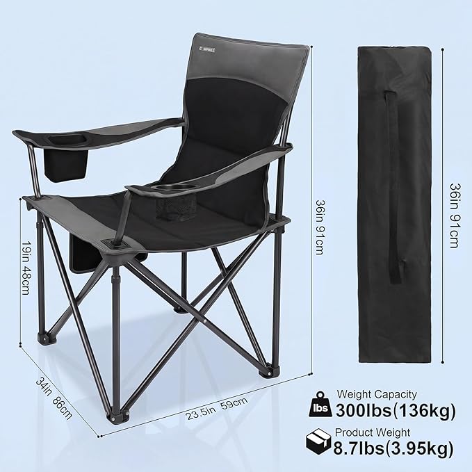 Oversized Camping Chair for Adults - 2 Pack Padded Lawn Chairs with Cup Holder &amp Side PocketHeavy Duty Folding Outdoor Chairs for CampSportsPicnicBeachBlack