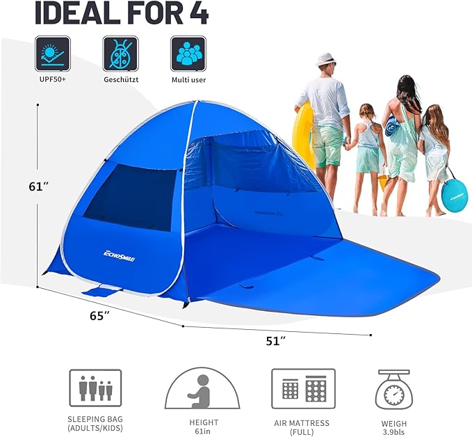 Pop Up Beach Tent for 4 Person with UPF 50+ ProtectionAutomatic Easy Setup Waterproof Beach ShadeLightweight and Portable Beach Tent Sun Shelter - Dark Blue