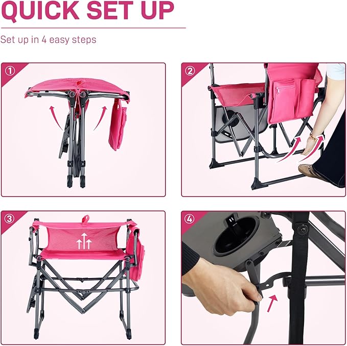 EVER ADVANCED Camping Directors' Chair with Side Table Portable Folding with Compact Size Breathable &amp Quick Dry Design Heavy Duty Lawn Chair with Pocket 400lbs Textilene Mesh Pink