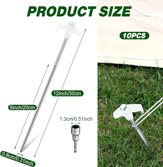 Hicarer 20 Pcs 12 Inch Tent Stakes Screw in Camping Stakes Heavy Duty Metal Spikes Ground Anchor Peg Threaded Tent Spikes with Hex Head Driver for Camping Garden Inflatable (Luminous White)