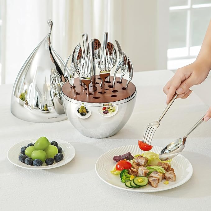KINGSTONE Silverware Set with Waterdrop Storage Organizer 20-Piece Forged Flatware Cutlery Set in Gift Box Premium Stainless Stee Service for 4 Mirror Polished Ideal for Kitchen Wedding Gift