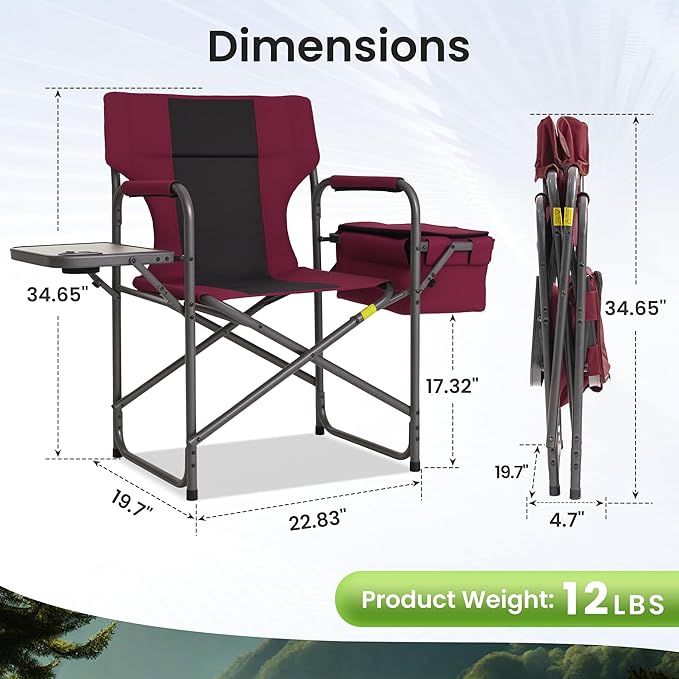 Director Camping Chair - 400lbs Heavy Duty with Cooler Bag &amp Foldable Side Tray Portable Outdoor Lawn Chair for Backyard/Fishing/Beach (Wine Red)