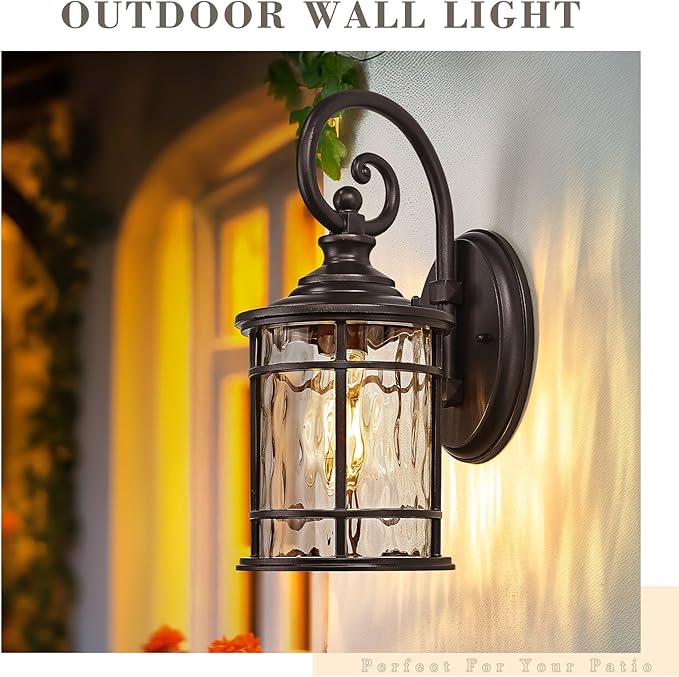 Emliviar 15.5 Outdoor Wall Mounted Light Fixture Farmhouse Porch Lighting in Oil Rubbed Bronze Finish Outside Lantern for Yard with Water Ripple Glass Shade XE229B ORB WG