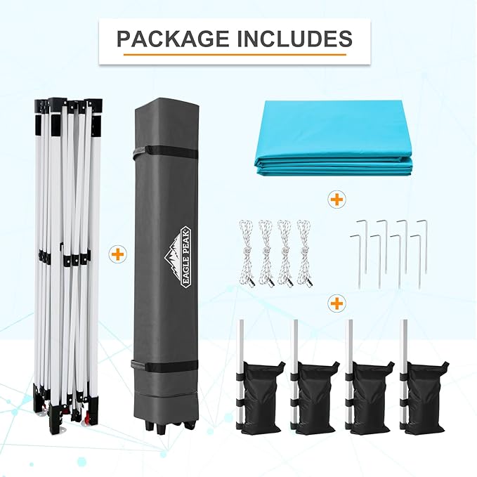 EAGLE PEAK Pop Up Canopy Tent with Wheeled Carry Bag 8 Stakes 4 Ropes 4 Weight Bags Easy Set Up Tent Canopy 12x12 ft 144sqft of Shade Light Blue