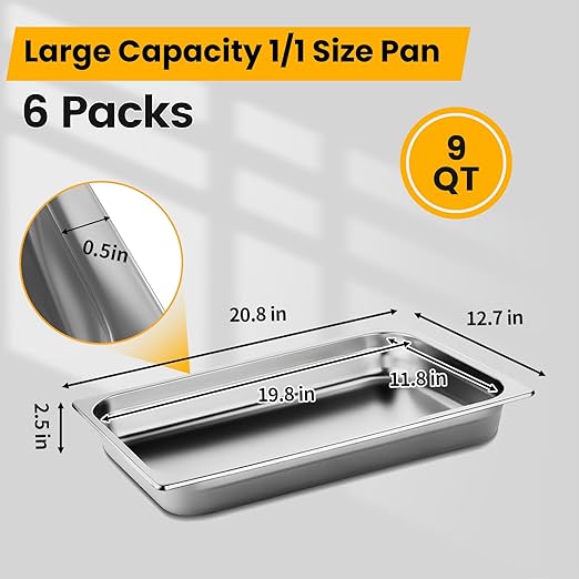 Aplancee Full Size Hotel Pans 2.5 Inch Deep Stainless Steel Food Pan - Anti-Jam 6 Pack Steam Table Pan Set for Catering Buffet Use Kitchen Prep