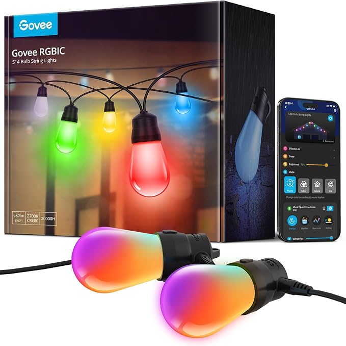 Govee Smart Outdoor String Lights H7015 48ft RGBIC Outdoor Lights with 15 Dimmable LED Bulbs IP65 Waterproof Color Changing Warm White Lights with 47 Scene Modes for Patio Backyard App Control