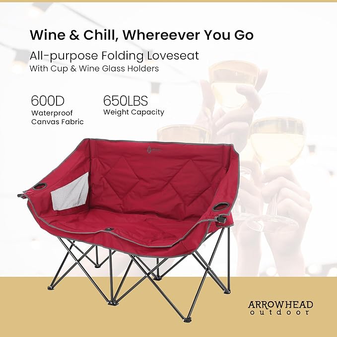 ARROWHEAD OUTDOOR Portable Folding Double Duo Camping Chair Loveseat w/ 2 Cup &amp Wine Glass Holder Carrying Bag Supports up to 500lbs
