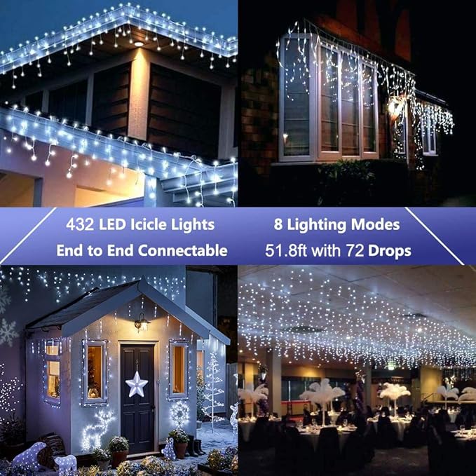 LYHOPE Icicle Christmas Lights 432 LED 35.4ft 8 Modes Icicle String Lights with 72 Drops Window Curtain Fairy Lights for Xmas Eaves Wedding Garden Outdoor Indoor Decor (Clear White)