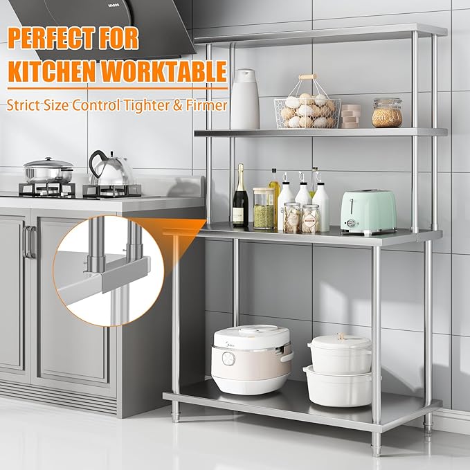 2-Tier Stainless Steel Overshelf for Work &amp Prep Table 12x48 inch Commercial Adjustable Double Shelf Heavy Duty Storage Rack for Kitchens Utility Rooms Restaurants &amp Garages