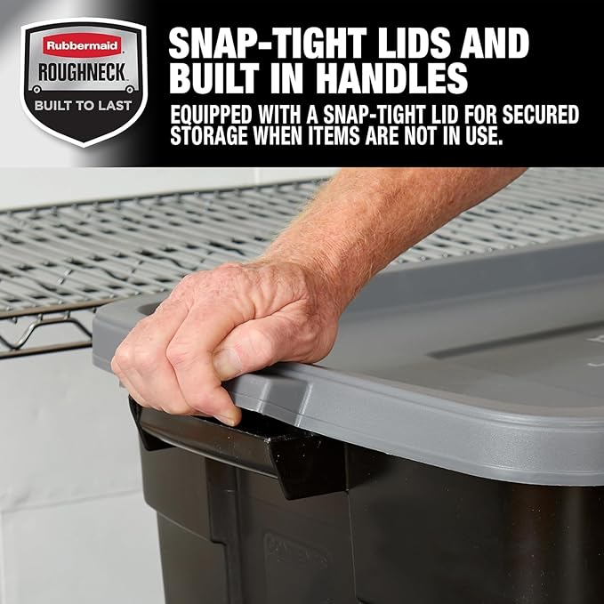 Rubbermaid Garage Storage Bins Black Plastic Stackable Storage with 3-Pack 31 GAL Capacity Totes for Storage Home Organization Durable - Heavy Duty (31 GAL - 3 Pack Solid Black and Grey)
