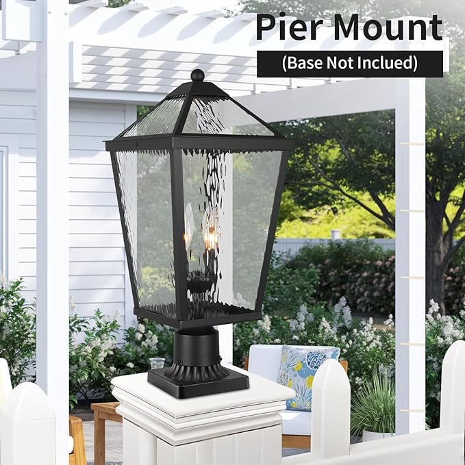 Treekee Outdoor Post Light Fixture Modern Black Pole Lantern with Water Ripple Glass &amp E12 Sockets Exterior Post Cap Lamp for Garden Pathway Courtyard Patio Porch Driveway Street