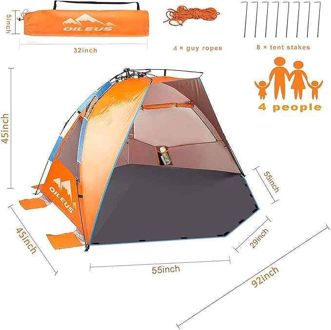 Oileus X-Large 4 Person Beach Tent Sun Shelter - Portable Sun Shade Instant Tent for Beach with Carrying Bag Stakes 6 Sand Pockets Anti UV for Fishing Hiking Camping Waterproof Windproof Orange