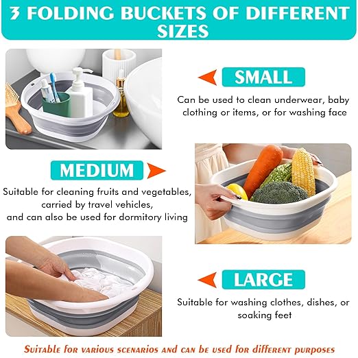 Collapsible Basin 3 Set Foldable Wash Basin Plastic Laundry Tub Space Saving Wash Tub for Dish Fruit Camping Laundry Hiking &amp Home (Grey)