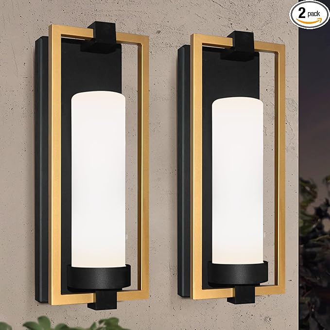 ALVIME Modern Gold Outdoor Wall Light Fixtures 15 Inch 2 Pack Outdoor Wall Sconce for House Waterproof Exterior Lighting Fixtures for Garage Doorway Porch Patio E26 Base&ampEtched Opal Glass