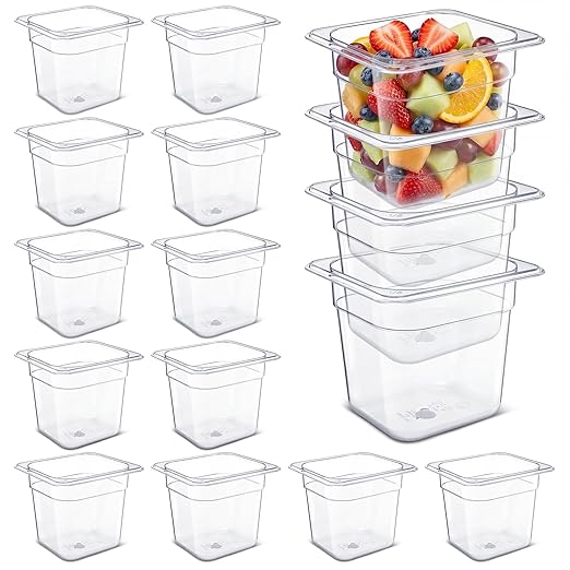 Rtteri 22 Pcs 1/6 Size Clear Plastic Pans Set: 16 Food Prep Containers &amp 2 Tongs &amp 4 Spoons for Salad Bar Buffet Restaurant Hotel Commercial Home for Fruit Vegetable Sauce Bean Corn Deli(6 Inc