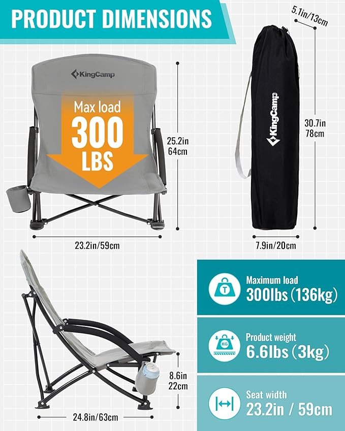 KingCamp Low Beach Chair High Back Folding Camping Chair for Adults Oversized Breathable Mesh Seat 300lbs Heavy Duty Portable Chair with Cup Holder &amp Storage Pockets for Beach Outdoor