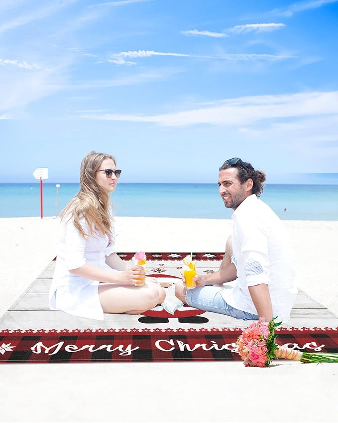 Beach Blanket Waterproof Sandproof Christmas Cute Santa Winter Snowflake Quick Drying Beach Mat with 4 Stakes Red Buffalo Grid Vintage Wooden Board Lightweight Picnic Blanket for Travel 118x108
