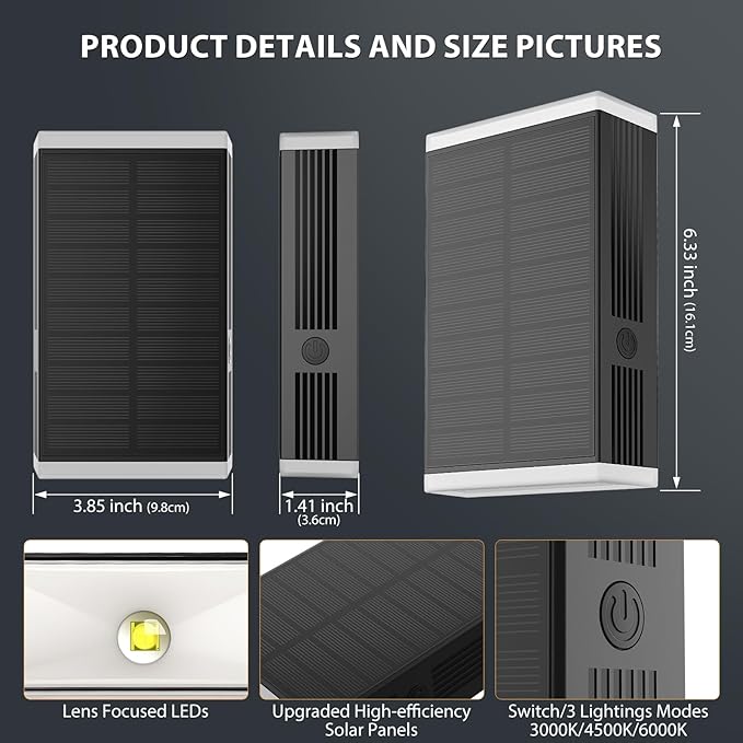 Solar Wall Light Outdoor  3000/4000/6000K 3 Modes Dusk to Dawn Lighting Wall Sconce IP67 Waterproof Up and Down Solar Lights Outdoor Front Door Light for House Garage Porch DoorwayFence (6PACK)