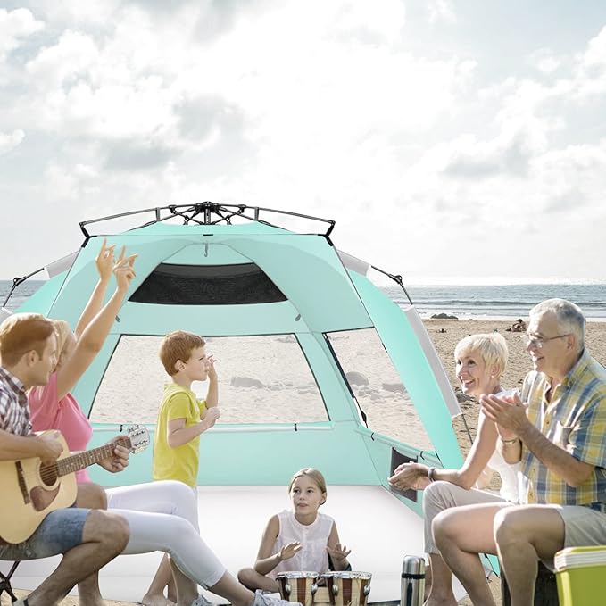 Oileus XX-Large Pop Up Beach Tent Sun Shelter for 5-6 Person Portable Sun Shade Instant Tent for Beach with Carrying Bag Stakes 6 Sand Pockets Anti UV for Fishing Hiking Camping Light Green
